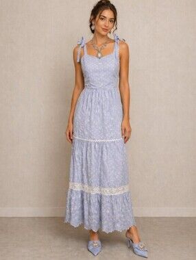 Shabby Chic Eyelet Dobby Maxi Dress 4 Blue Cottagecore